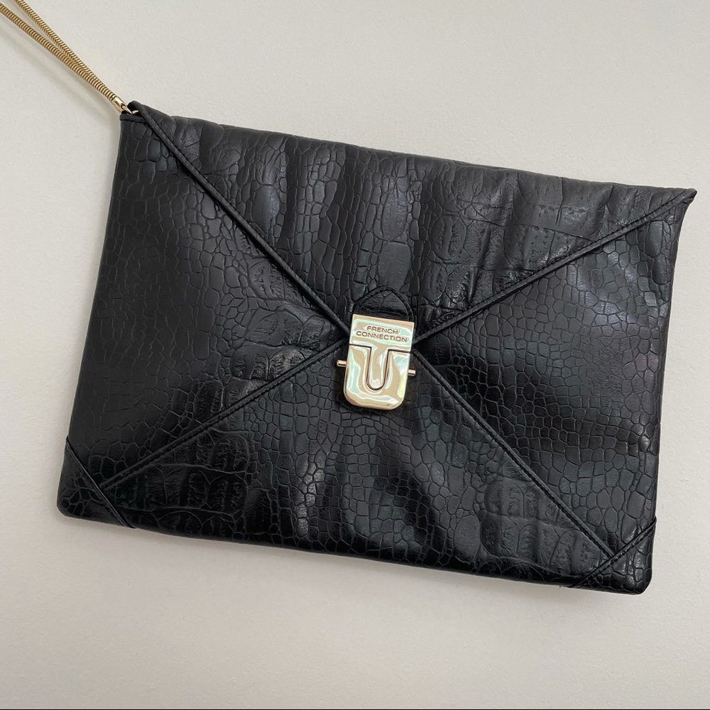 French Connection Crocodile Print Clutch Chain Wristlet Black with Gold Hardware - Picture 3 of 9